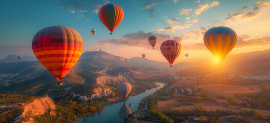 Fototapeta premium Group of Hot Air Balloons Flying Over Mountain. A breathtaking view of colorful hot air balloons floating above the lush green mountains, with the sun rising in the background.