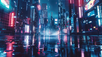 A cyberpunk cityscape at night, with towering skyscrapers and neon lights reflecting on the wet...