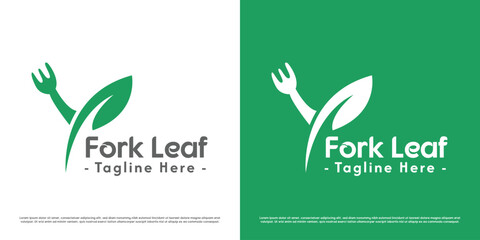 Green leaf fork logo design illustration. Silhouette of cutlery eating fork green tree plant leaves bio fresh cafe restaurant vegan healthy diet bio vegetarian. Food nature symbol minimal simple icon.