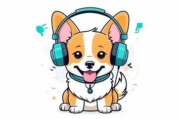 Cute corgi pup with blue headphones on white background gazes at the camera. Perfect for illustrations, merchandise, and design projects.