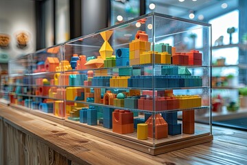 Transparent display case with colorful building blocks inside, on a wooden shelf.