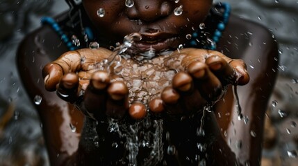 Fototapeta premium Social Issues: Water Pouring in African Child's Hands