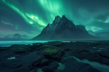 Green and Purple Aurora Borealis Dancing Over a Body of Water.  A rocky black landscape with dark green moss, there is an aurora borealis in the sky over mountains