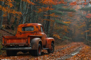 Old truck in the autumn forest with red leaves on the ground