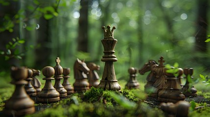 Resilient Reign A Chess King Carved from Ancient Bark Stands Steadfast Amidst Nature s Verdant Embrace Generative ai - obrazy, fototapety, plakaty