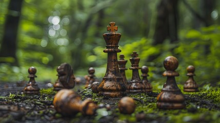 Resilient Chess King Fashioned from Ancient Tree Bark Stands Among Wooden Pawns on Verdant Forest Floor Representing Organic Growth and Perseverance Generative ai - obrazy, fototapety, plakaty