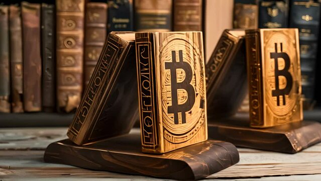 Wooden bitcoin investment manuals on a bookstand, each etched with bitcoin symbols, tailored for book enthusiasts interested in cryptocurrency