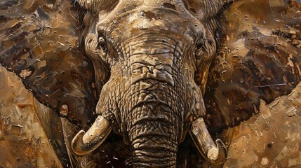 Capture the majestic presence of an elephant in a low-angle oil painting, emphasizing the intricate textures of its wrinkled skin and the grandeur of its tusks gleaming in the sunlight