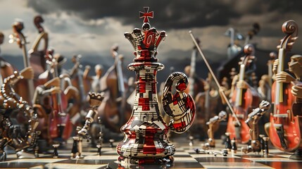 Majestic Chess King Composed of Musical Notes Stands Amidst Pawns Formed from Instruments Set Against a Backdrop of a Grand Symphony Generative ai - obrazy, fototapety, plakaty