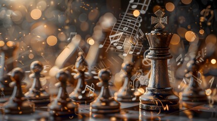 Chess King Constructed from Musical Notes Stands Triumphant Amid Orchestra of Pawns Formed from Instruments Depicting Harmony Between Passion and  Generative ai - obrazy, fototapety, plakaty