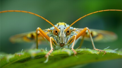 Fototapeta premium A closeup of an insect on the leaf, with its long wings spread out and large eyes,Generative AI illustration.