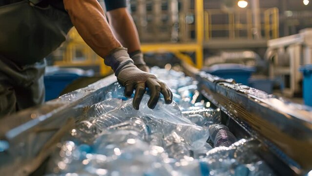 Worker's hands sorting through plastic bottles for recycling, demonstrating a commitment to sustainability and environmental care in action
