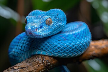 Portrait of a blue viper on a branch in the forest