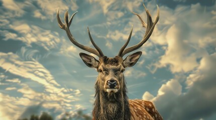 Capture the majesty of a deer from a worms-eye view in a digital, photorealistic style Illustrate intricate details of antlers and fur, set against a dramatic sky