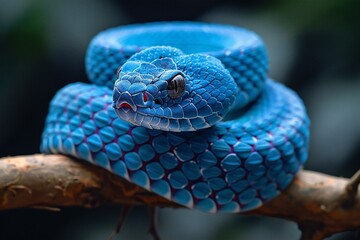 A close up of the head of a blue snake on a branch - obrazy, fototapety, plakaty