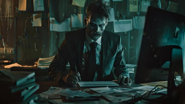 A zombie businessman in a suit focused intently on a computer in a dimly lit, cluttered office, papers scattered around, creating an eerie atmosphere