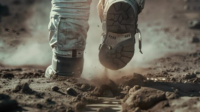 Detailed view of astronaut feet in heavy boots leaving footprints on the moon's dusty terrain during a moonwalk