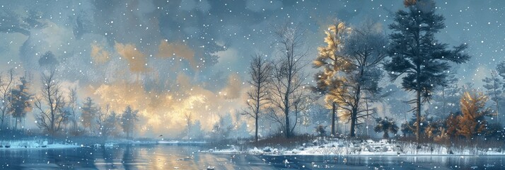 A winter landscape with trees and river and snowy evening sky with falling snowflakes.
