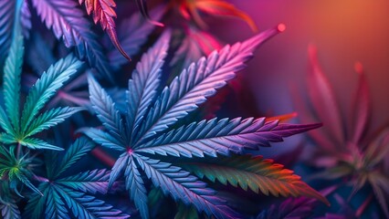 Psychedelic Neon Art: Colorful Cannabis Leaves in Vibrant Gradient Spectrum. Concept Psychedelic Art, Neon Colors, Cannabis Leaves, Vibrant Spectrum, Colorful Gradient