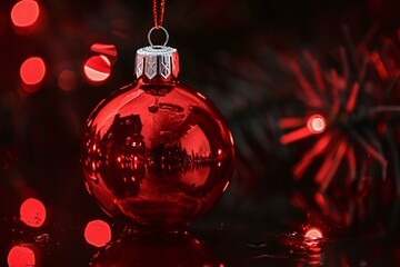 Red christmas ball on red bokeh background with copy space
