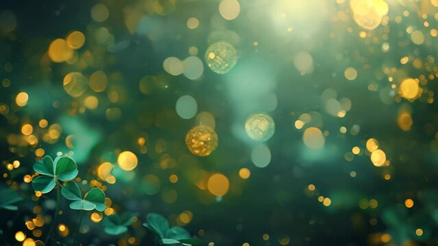 Teal and gold bokeh lights with delicate clovers creating a backdrop of enchantment and serendipity in a dreamy panoramic view