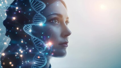 A visionary representation of biotechnology merged with artificial intelligence, depicting a woman's profile interlaced with glowing DNA strands and digital nodes. - Powered by Adobe