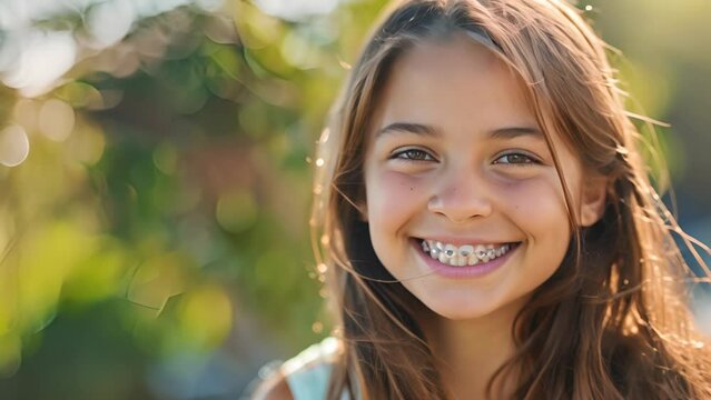 A girl with braces is smiling. She has a bright, happy expression on her face. Concept of joy and positivity