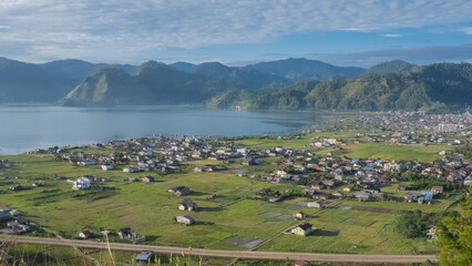 Aerial view of the morning atmosphere at a calm lake