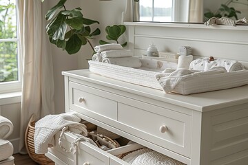 White changing table with built-in storage and a basket of baby essentials.