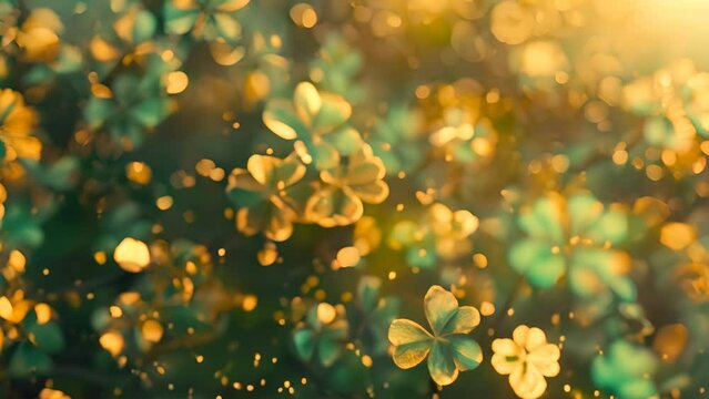 Teal and gold four leaf clovers against a blurry background of out of focus clovers wallpaper