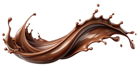 A dynamic brown liquid, probably chocolate, in the air against a transparent background. The liquid movement solidifies in time, the droplets separate from the main body of liquid.AI generated.