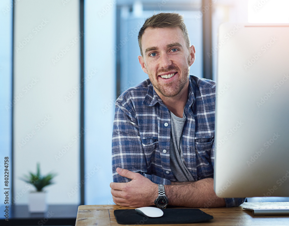 Poster smile, computer and portrait of creative businessman in office with opportunity, confidence and tech