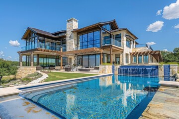 A large luxury home with  a blue water pool and green grass areas.