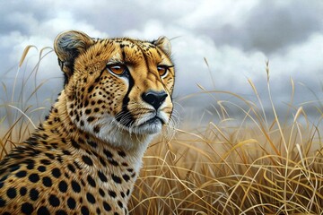 Cheetah in the savannah with cloudy sky,  illustration