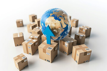 Cardboard boxes fly around the planet earth with arrow. Global logistics, shipping, worldwide delivery business and ecology concept.