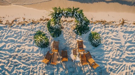 An aerial view of a beach wedding ceremony with chairs and flowers overlooking the water, surrounded by nature and plantfilled landscape AIG50