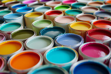 Fototapeta premium Many paint colors in a cans, open cans of paint of different colors, a varied color palette. Open cans of paint in many colors, representing diversity and choice