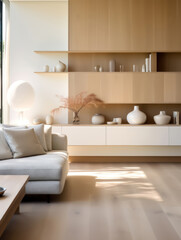 living room, wood paneling, white sofa, lots of vases, minimalist