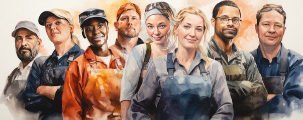 Artistic watercolor portrait of a diverse professional team, showcasing unity and cooperation