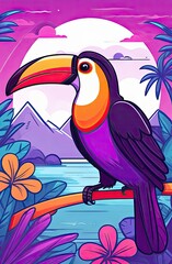 A colorful tropical toucan bird with a heart on its chest sits on a branch. Tropical sumer background.