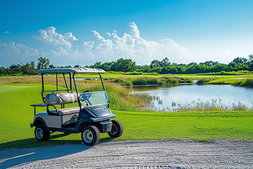 Minimal background image of sporty couple driving golf cart across field with with water lake, copy space - Powered by Adobe