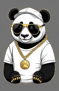 Stylish panda flaunts sunglasses, gold chain, white shirt, and white hat. Panda bear in hip hop style. Perfect for edgy t-shirt prints, backpacks, and notebook covers.