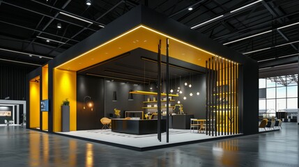 Exhibition stand with complex construction, in black and yellow colors, lot of furniture, good lighting, modern style high contrast cinematic lighting