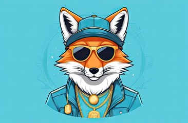 Stylish fox with swag wears sunglasses, gold chain, blue shirt, and blue hat. Hip hop style fox.Great for fashion-forward clothing, bags, and notebooks.