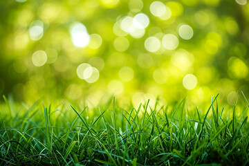Green lawn with fresh grass outdoors. Nature spring grass background texture, blurred background with copy space. Landscaping of a parking area.