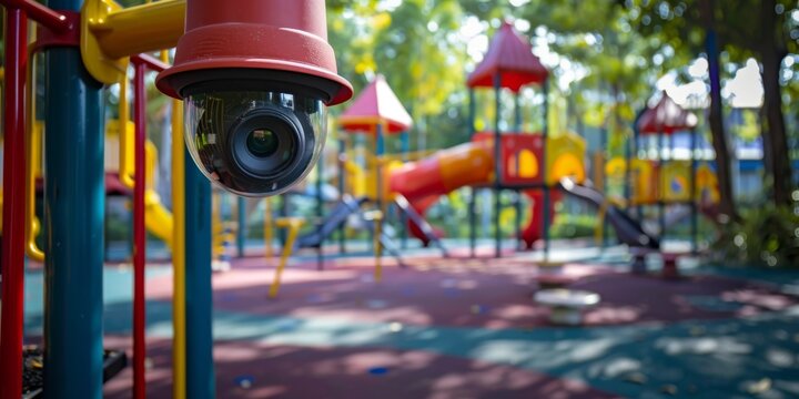 Surveillance camera on the playground, children's safety. Generative AI