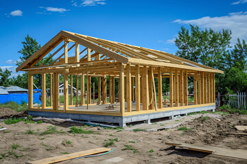 Insulation being installed in the ceiling and walls before plasterboard covers all of the walls. The beginning of the construction of the Cottage. House made of laminated veneer lumber.