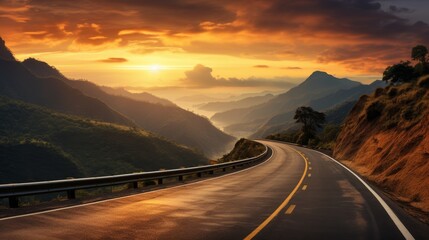 A panoramic shot of an adventurous road trip along a mountainous landscape at sunset, emphasizing the freedom and beauty of the journey