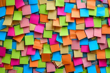 Lot of blank square paper multicolored stickers on a white wall, close up. Wall covered with adhesive notes. To do list or reminder concept.