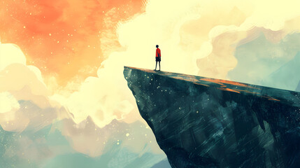 Illustration of a person standing on the edge of a cliff to depict fear.


